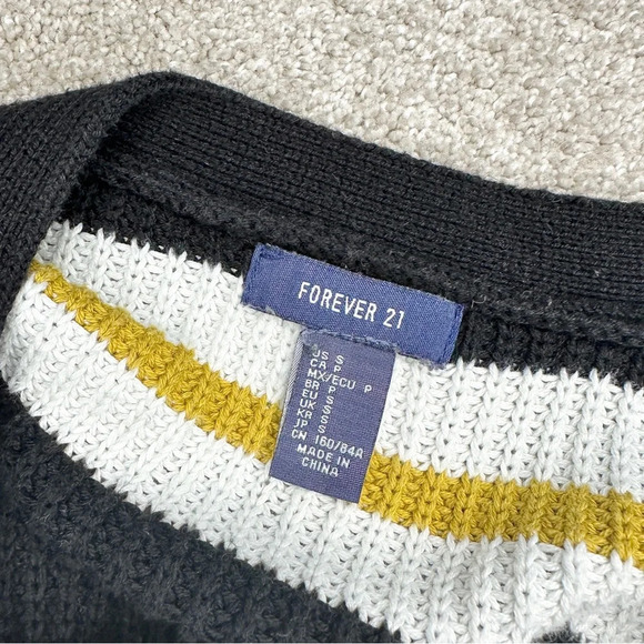 Forever21 Black & Off-White Yellow Striped Open Front Button Cardigan Sweater - Picture 11 of 13